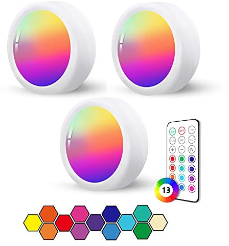 LED RGB Spots Batteriebetrieben mit Fernbedienung, 13 Farbwechsel LED Spot Batterie Vitrinenbeleuchtung Kabellos Schrankbeleuchtung Dimmbar Unterbauleuchte Küche LED Lampe zum Kleben Schranklicht Akku