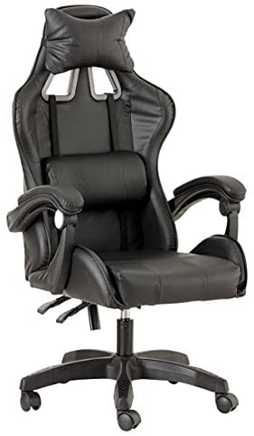 Baroni Home Gaming-Stuhl, ergonomischer Bürostuhl, gepolstert Gaming Sessel mit bequemer, Verstellbarer Rückenlehne, Gamer Chair mit Kopfstütze und Lendenwirbelstütze, Schwarz