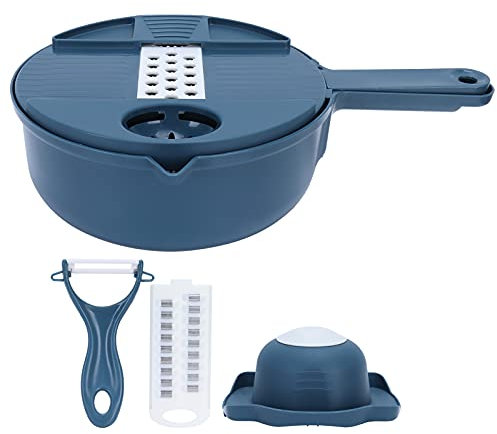Yuecoom 12 in 1 Gemüseschneider, runder manueller Küchenschredder für Lebensmittel, Zwiebelschneidewerkzeug mit Abtropfkorb Handschutzhobel(Blau)