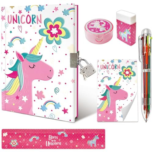 Set of Secret Diary for Girls, 6Pcs Gifts Stationery Set for Girls incl. Unicorn Diary with Lock 6 Multicolor Pen Memo Ruler Eraser Sharpener Kids Notebook for Girls Birthday Presents Age 5-10 Year