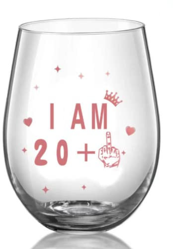 JUWNMANT Stemless Wine Glass 21st Birthday Wine Glass Gift Anniversary Glass Men and Women 21st Birthday Party Wedding Anniversary Decoration, 17oz (I AM 20+1)