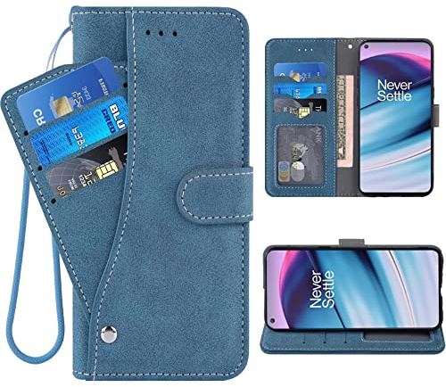 Kompatibel mit Oneplus Nord CE 5G Wallet Case Wrist Strap Lanyard Leder Flip Card Holder Stand Handy Zubehör Handyhülle für One Plus CE5G Euro 1 Plus 1plus One+ 1+ EC G5 Damen Herren Blau