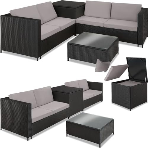TecTake® Ensemble Salon de Jardin Exterieur en Poly Rotin 4 Personnes, 2 Canapés modulables, Coffre de Rangement et Table de Jardin en Verre Inclus, Mobilier de Jardin Amenagement Balcon