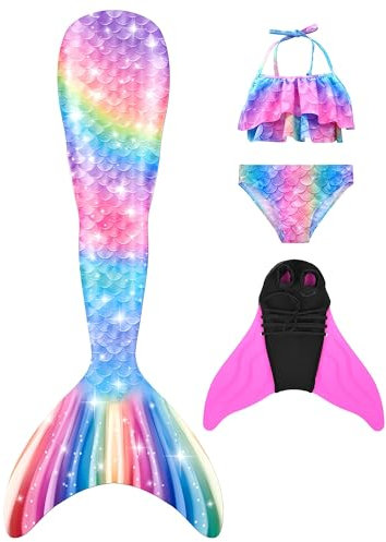 DNFUN meerjungfrauenflosse mädchen Badeanzug - Meerjungfrauenschwanz Schwimmen für Kinder Meerjungfrau Flosse Bademode mit Bikini Set und Monoflosse Mermaid Tail
