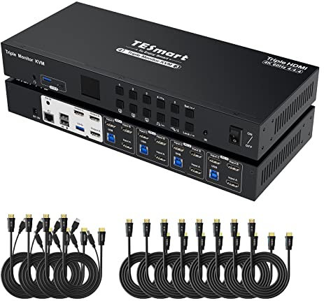 TESmart USB 3.0 4 Port Triple Monitor HDMI KVM Switch 4K @ 60Hz KVM Switch 3 Monitore 4 Computer 3 USB 3.0 Port, Audio Out, EDID Emulator, Hotkey, LAN Port, 4 In 3 Out KVM mit Kabeln