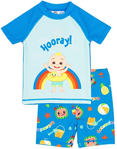 CoComelon Swimsuit for Boys | Blue JJ Character Musical Beach Two-Piece Top Shorts Bathing Suit Swim Set | Kids Nursery Rhymes Songs 4-5 Years