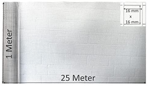EXCOLO Volierendraht verzinkt 100 cm hoch, 25 m Rolle, Gitterdraht 16x16 mm, 4-Eck-Draht für Hasenstall, Kaninchenzaun, Kleintiergehege, Voliere, Käfig, wetterfest, rostfrei