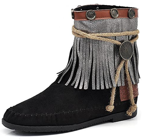 IF Fashion Stivali Stivaletti Indianini da Donna Con Medaglie Frange Camoscio Sintetico Corda M885 nero N.39