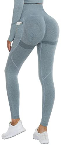 DUROFIT Scrunch Butt Leggings Damen High Waist Sport Leggings Mit Tasche Po Push Up Leggings with Pocket Booty Lift Leggins Gym Leggings Mit Handytasche Ruched Sporthose Blau S