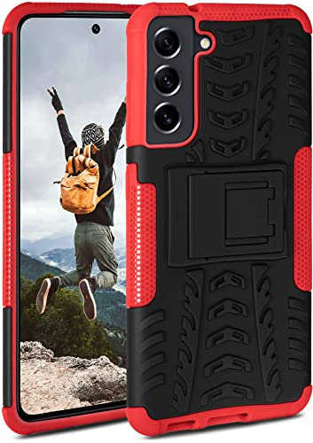 ONEFLOW Coque de protection pour Samsung Galaxy S21 FE 5G - Coque blindée solide avec appareil photo et protection d'écran - En TPU - Avec support - Rouge et noir