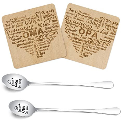 Geschenke für Oma und Opa, 2 Stücke Untersetzer Holz, Kaffeelöffel mit Gravur, Opa Geschenke, Oma Geschenk für Vatertag, Muttertag, Thanksgiving, Weihnachten, Neujahr, Geburtstagsgeschenke