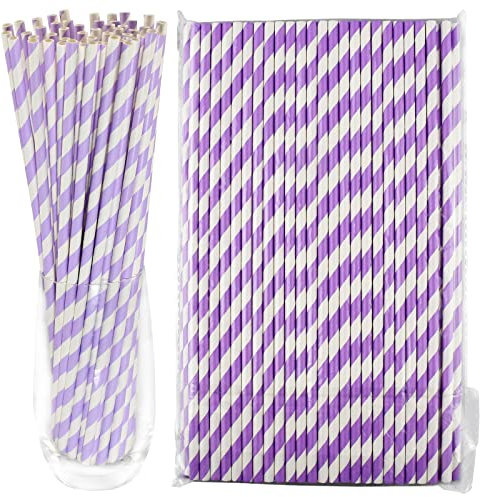 Pailles en papier jetables biodégradables de 26 cm de long, 100 exemplaires, violet/blanc - pour les boissons, les fêtes, les bars et les restaurants