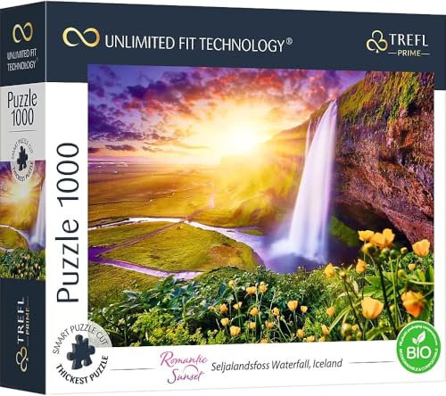 Trefl Prime - Puzzle UFT Romantic Sunset: Seljalandsfoss Waterfall, Iceland - 1000 Elemente - Dickster Karton, Bio, isländische Landschaft, Kreative Unterhaltung für Erwachsene und Kinder ab 12