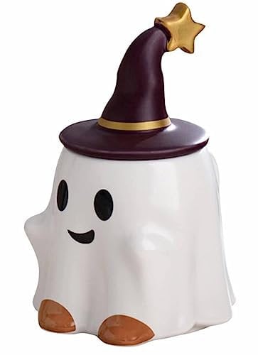 KKGUD Novelty Tea Cup, Ceramic 11oz Halloween Coffee Mug with Lid- Friendly Ghost (White)