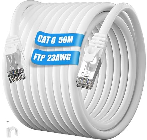 ikbc Cable Ethernet 50 metros, Cat 6 Cable de Red 50m FTP Blindado, Anti-interferencias Cable Internet 50 metros Alta Velocidad, Gigabit 23AWG Cable RJ45 Exterior para PS5/4 Rúter (50 Clips)