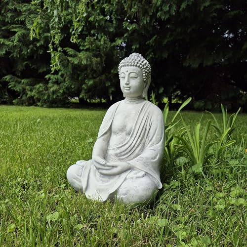FABRIQ Groß Buddha Figur, Feng Shui, Steinguss Zen Garten, Deko Buddha, Grau, wetterfest, massiv, 38cm, 12kg