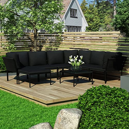 AUVYI 8-TLG. Garten-Lounge-Set mit Auflagen Schwarz PVC 260x200x65cm Couchbar Esszimmergruppe Gartenmöbel Liegestuhl Rückenkissen Sofa Eckbankgruppe Balkonstuhl Lounge Sessel Outdoor