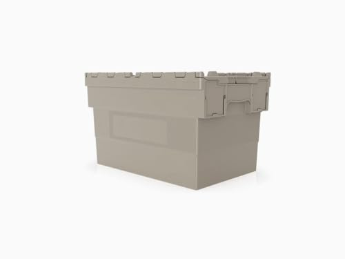 AUTORCE Attached Lid Containers, Heavy Duty Attached Lid Crate Storage Boxes Grey or Blue Moving Stacking Stackable Nest Plastic Boxes (400 x 600 x 365(h) mm - GREY)