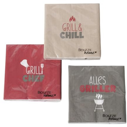 Servietten Grillzeit Sprüche 3er-SET 60-Stück Grillen Grillparty Gastgeschenk Tischdekoration Tischaccessoire Papierserviette Motivserviette Gartenparty 17 x 17 cm
