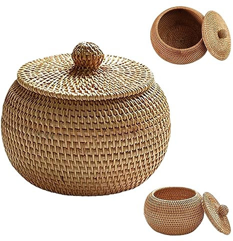 Caja de Ratán Redonda de 5.9 Pulgadas Con Tapa, Canasta Decorativa Tejida, Cesta de Almacenamiento de Mimbre para la Cocina de la Granja Doméstica