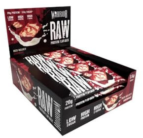 Warrior Raw Protein Bars – 12 x 75g High Protein Snack – High Fibre, Low Sugar – Ideal Meal Replacement or Healthy Nutrition Energy Snacks - Oat Bar Flapjacks – UK Made (Red Velvet Brownie)