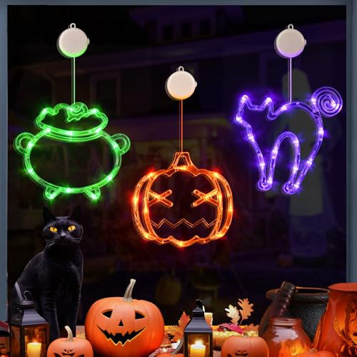 LOLStar Halloween Deko 3-Pack Orange Kürbis Lila Katze Grün Kessel Halloween Fenster Lichter mit Saugnapf, batteriebetriebene Halloween Lichter, langsamer Fade Modus und Timer Funktion