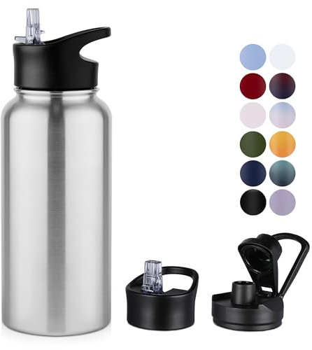 MURBONE Insulated Water Bottle, 1L Stainless Steel Drink Flask with Straw, BPA Free, Leakproof Double Walled Vacuum Bottle with 2 Lids (Straw and Spout)