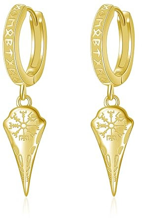 ROMANTICWORK 14 Karat Vergoldete Wikinger Runen Ohrringe 925 Sterling Silber Raben Creolen Ohrringe Hängend Huggie Ohrringe Nordische Wikinger KräheSchädel Schmuck Geschenke für Männer Herren