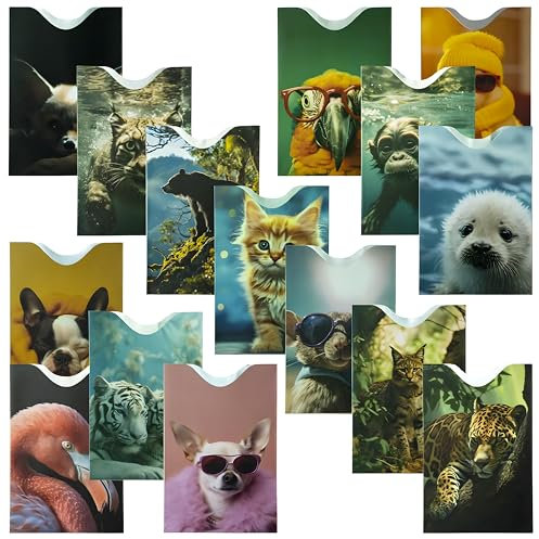 Boxiki Travel Set of 15 RFID Blocking Sleeves Best Way to Protect Your Cards from Electronic Theft. Durable, Lightweight, and Compact Design to fit in Any Pocket or Purse. (Animals Theme)