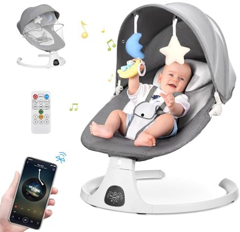 Electric Baby Bouncer Chair with Food Plate,Automatic Baby Swing Chair from Birth with Remote Control,Baby Rocker with 5 Swing Angles & 3 Timer Options Adjustment,Baby Rocking Chair with Mosquito Net