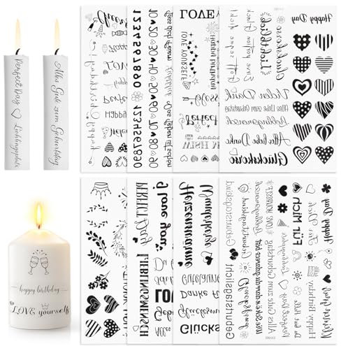 SPDYCESS 8 Bögen Kerzentattoos Rub on Sticker, Geburtstag Wasserschiebefolie Kerzenaufkleber für Taufkerze Selber Machen, Kerzen Deko, Sticker Sprüche, Kerzenstifte, Glas, Keramiktassen