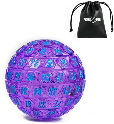 Poludie Dadi poliedrici a 100 lati, dadi da gioco D100 singoli, cubo da 100 lati con custodia nera, dado D100 da 48 mm (viola trasparente con numero blu)