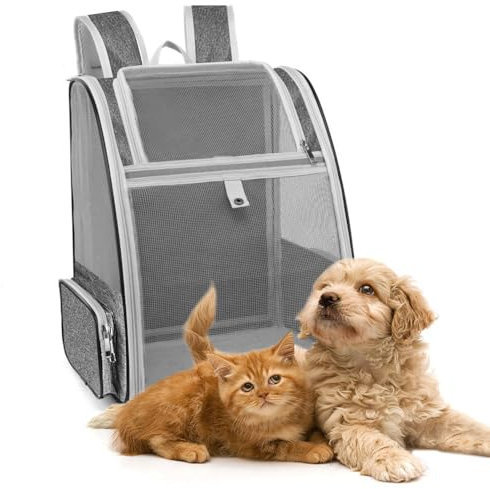 EUIEUT Zaino per Trasporto Gatti Portatile Zaino Trasportino Gatto Pieghevole 40x32x28cm Traspirante Zaino per Cani Borsa da Trasporto Cane con Materasso Morbido per Viaggiare e Passeggiate, Grigio
