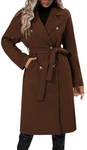 FUPODD Wintermantel Damen Lang Elegant Wollmantel Damen Winter Revers Tweed Jacke Zweireihiger Mantel Mit Gürtel Übergangsjacke Frauen Lässiges Trenchcoat Taschen Winterjacke Warm Slim Fit Outwear