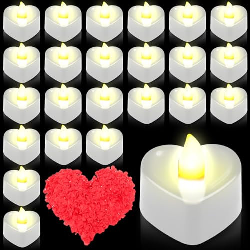 GOMETY 24 Stück Herz Form LED Teelichter, 1000 Stück Künstliche Gefälschte Rosenblätter und 24 Herzförmige Flammenlose LED Teelicht für Hochzeiten Valentinstag, Heiratsantrag Deko (warmweiß)