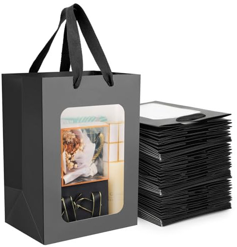 EUSOAR Geschenktüten Schwarz - 50 Stück 230GSM Papiertüten mit Henkel - 18x13x25cm Geschenktüte mit Fenster - Geschenktasche mit Sichtfenster - Papiertüten Klein Party Verpackungstüten