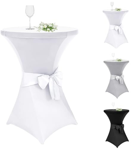 Alishomtll 1er Set Stehtisch Hussen mit Schleife, Ø70cm Stretch Stehtischhussen, Elegante Elastische Tisch-Überzug Hussen für Bistrotisch Runde Stehtisch Bankett Hochzeit (Ø70x110cm, Weiß)