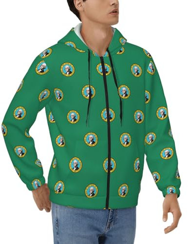 UVBDF Felpa con cappuccio da uomo con bandiera di Washington e coulisse comoda casual con cerniera intera, a maniche lunghe, primaverile, Nero , M