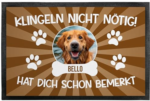 True Statements Personalisierte Deko-Fußmatte „Klingeln Nicht nötig! Name hat Dich Schon bemerkt“ - Hund - Türvorleger, Geschenk zum Einzug, Schmutzmatte mit Hunderassen - dünn, rutschfest, 75 x 50 cm