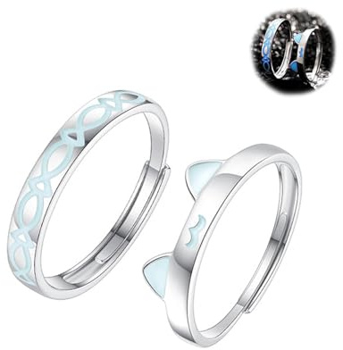 BnMvF Glow in the Dark Couple Ringe für Frauen Männer - Einstellbare S925 Sterling Silber Katze & Fisch Matching Schmuck, perfekte Jahrestag Geschenk für Liebhaber