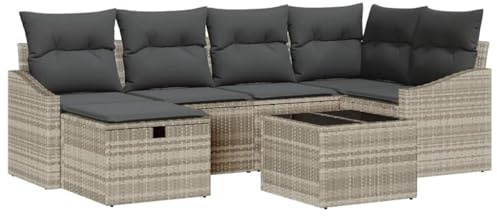 vidaXL 7-teiliges Garten-Sofa-Set mit Kissen in Hellgrau aus Poly-Rattan für die Terrasse. Wetterfestes, modulares Lounge-Sofa für den Garten.
