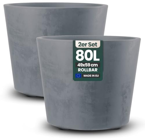 Kreher 2 x XL Pflanzkübel 'Millennium' in verschiedenen Formaten/Farben. Tolle Naturstein Optik in Anthrazit, Grau, Creme Weiß oder Braun! Aus robustem Kunststoff. (Grau, 2 x 80 Liter Rund)
