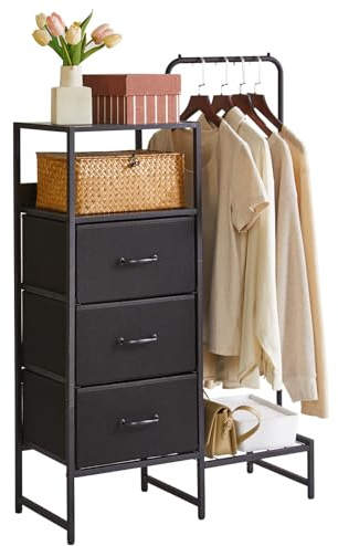 Aibiju Kommode mit Regalen und Kleiderstange, 3 Schubladen, Kleiner Kleiderbügel, wendbarer Kleiderständer für Flur, Eingangsbereich, Schlafzimmer, Wohnzimmer, Schwarz YD-TM081B