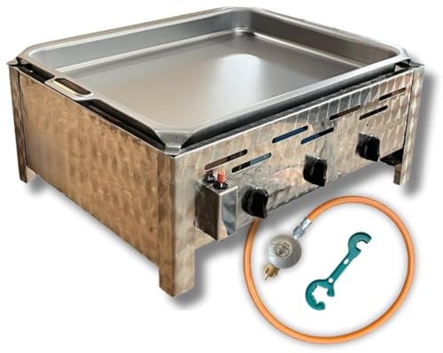 Edelstahl Gastrobräter 3-flammig mit Pfanne – Made in Germany | inkl. Gasschlauch, Druckminderer & Gasflaschenschlüssel | Gasbräter | Gastro Gasgrill | Camping-Tischgasgrill | für Outdoor-Küche