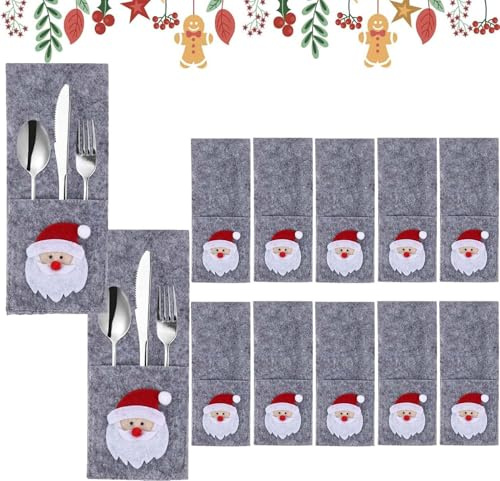 Besteckhalter Weihnachten Filz,12 Stück Bestecktasche Weihnachten Tischdeko Besteckbeutel,Weihnachtsmann Besteckhalter,Matten,Platzset,Weihnachtsdeko für Messer,Gabeln & Löffel,Party & Festtags Essen