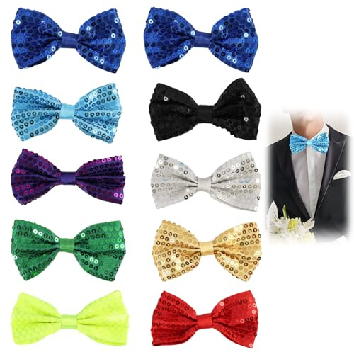 10 Stück Glitzer Fliege Herren, Verstellbare Vorgebundene Fliegen mit Pailletten, Verschiedenen Farben Funkelnde Glitzer Schleife für Männer, für Hochzeit, Party, Karneval, Fasching, Motto Party