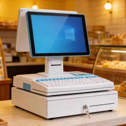 POS System for Small Business,15.6 inch Touch Screen Cash Register, Built-in 58mm Printer,Quad-core processor, Cash Drawer,Keyboard,Barcode Scanner for Restaurants & Retail(White,Dual screens)