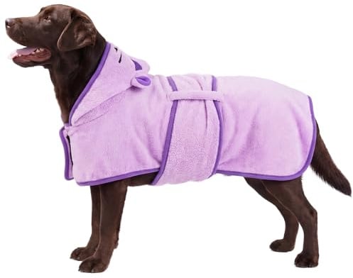 OUOBOB Hundetrocknungsmantel, Hundemantel zum Trocknen von Hunden, lila Hundetücher für große Hunde, Mikrofaser Hunderobe mit Kapuze für verstellbare Bauchgurte für Golden Retriever, Labrador 2XL