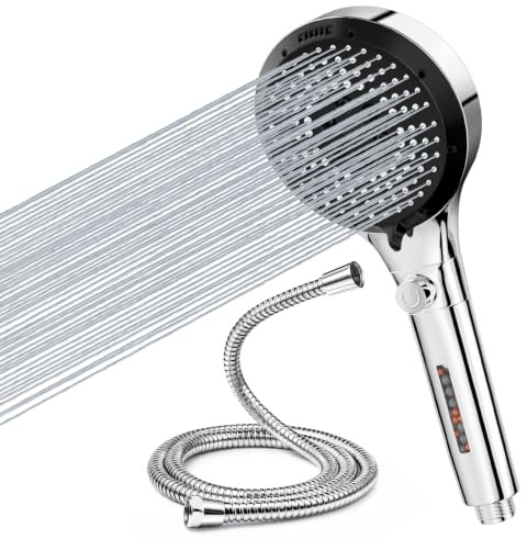 Vinabo Pommeau de Douche avec Flexible 1,5 m, 6 Jets Anticalcaire | Douchette Haute Pression avec Filtre, Bouton Stop et Tuyau Inox G1/2, pour Faible Pression, Enfants, Animaux et Baignoire