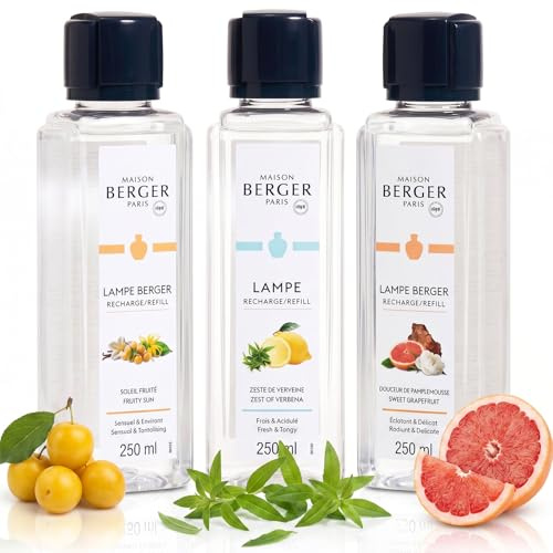 MAISON BERGER Set Estivale, 3 Nachfüllflaschen Lampe Berger, 3 x 250 ml | Trio Estivale: Soleil Fruité, Douceur de Pamplemousse, Zeste de Verveine, ca. 120 h Duft